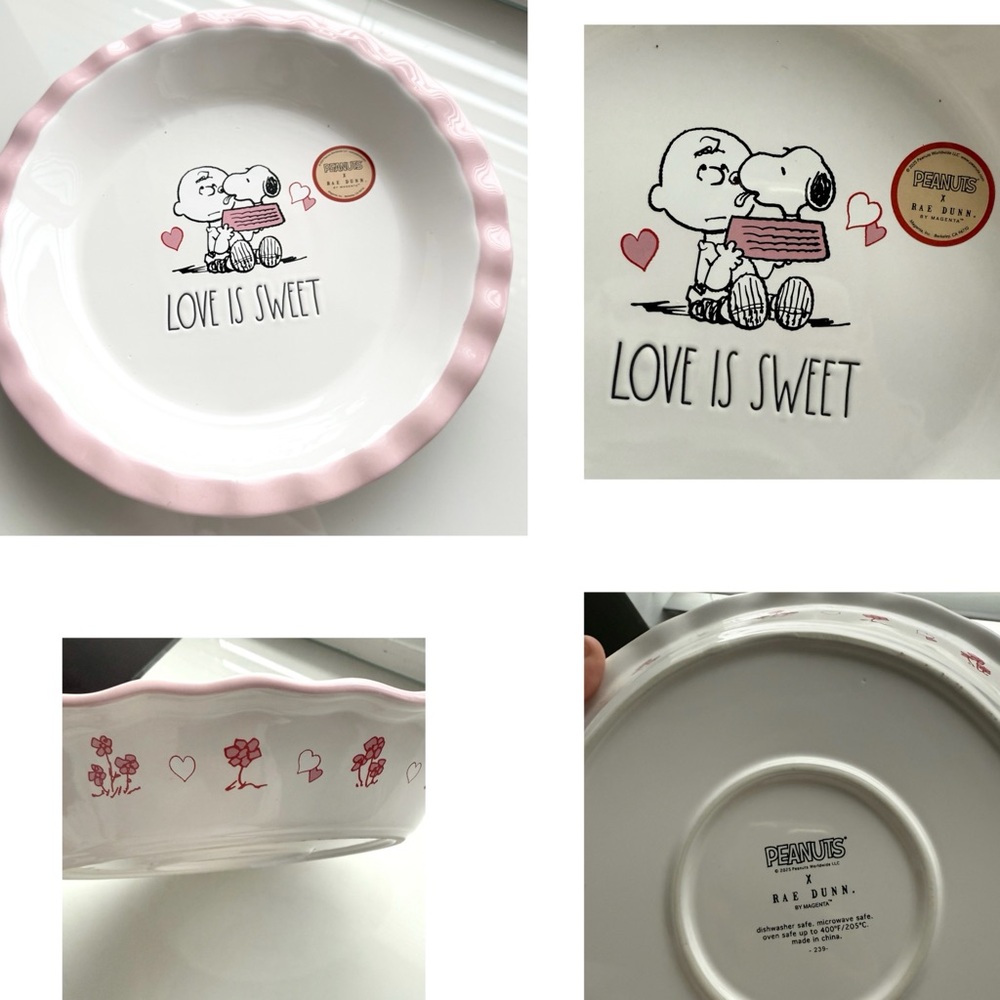 Peanuts x Rae Dunn Love Is Sweet Pie Dish Snoopy Charlie Brown Pink Valentine